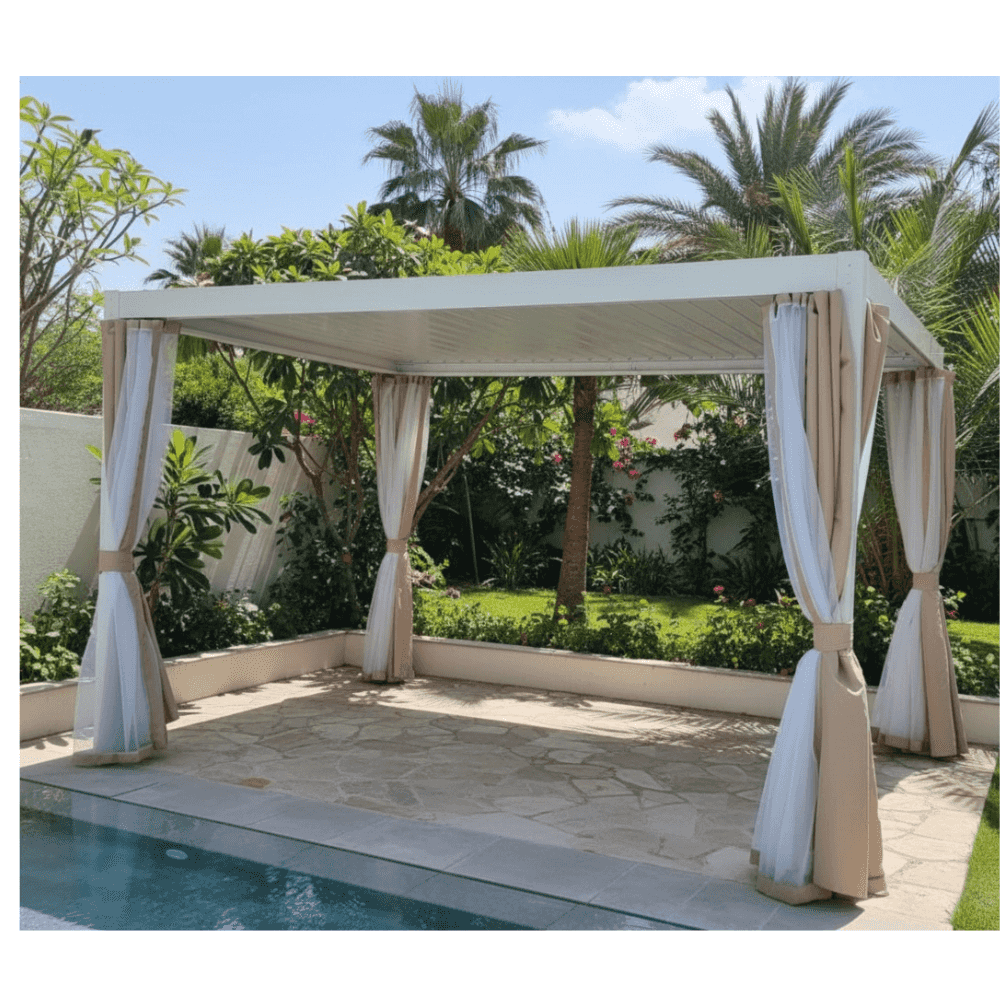 Beige-curtained premium aluminum pergola 3x4 m, weather-resistant outdoor gazebo from The Outdoor Furniture Market.