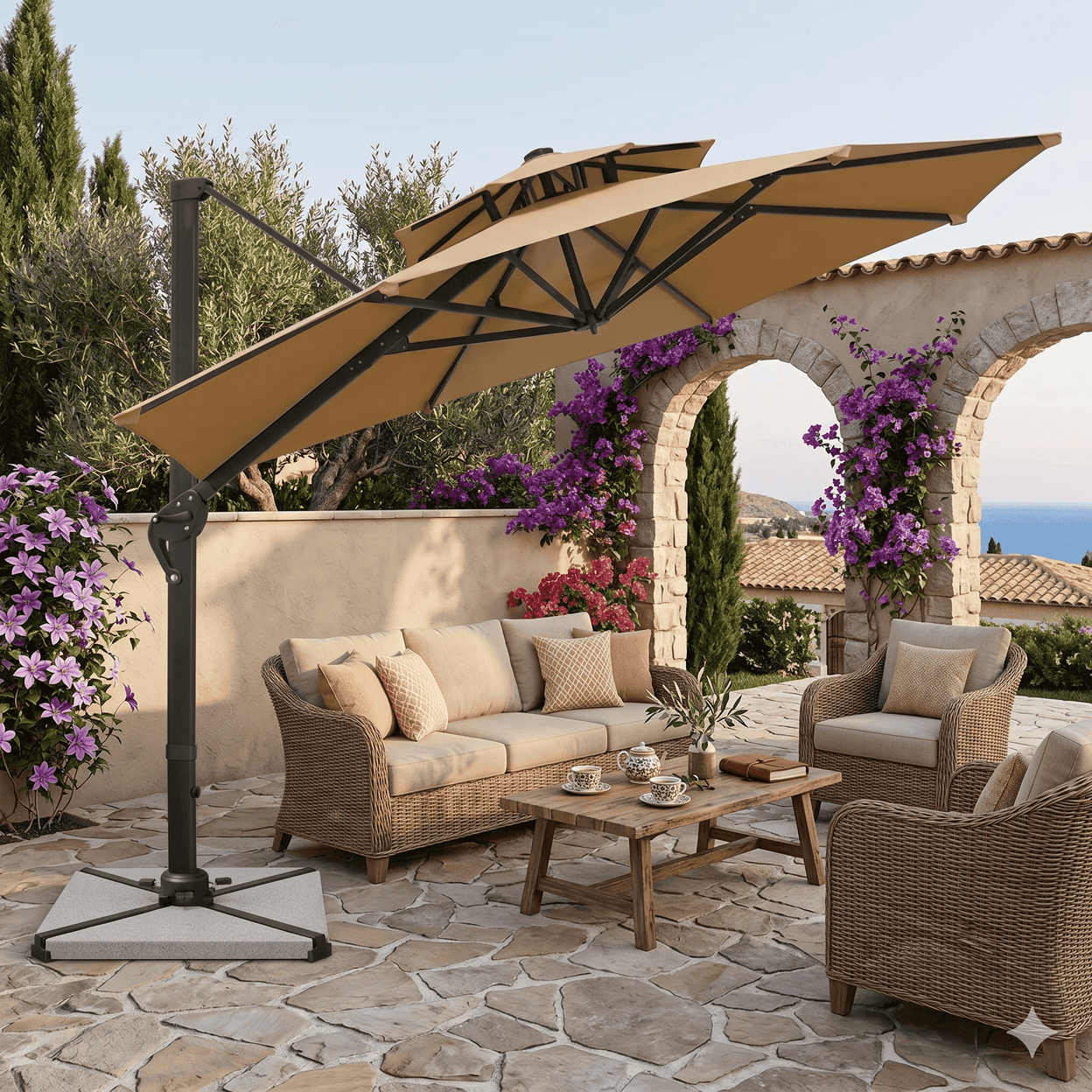 Premium Cantilever Patio Umbrella – Beige / Round / 3.5m x 3.5m With LED Lights
