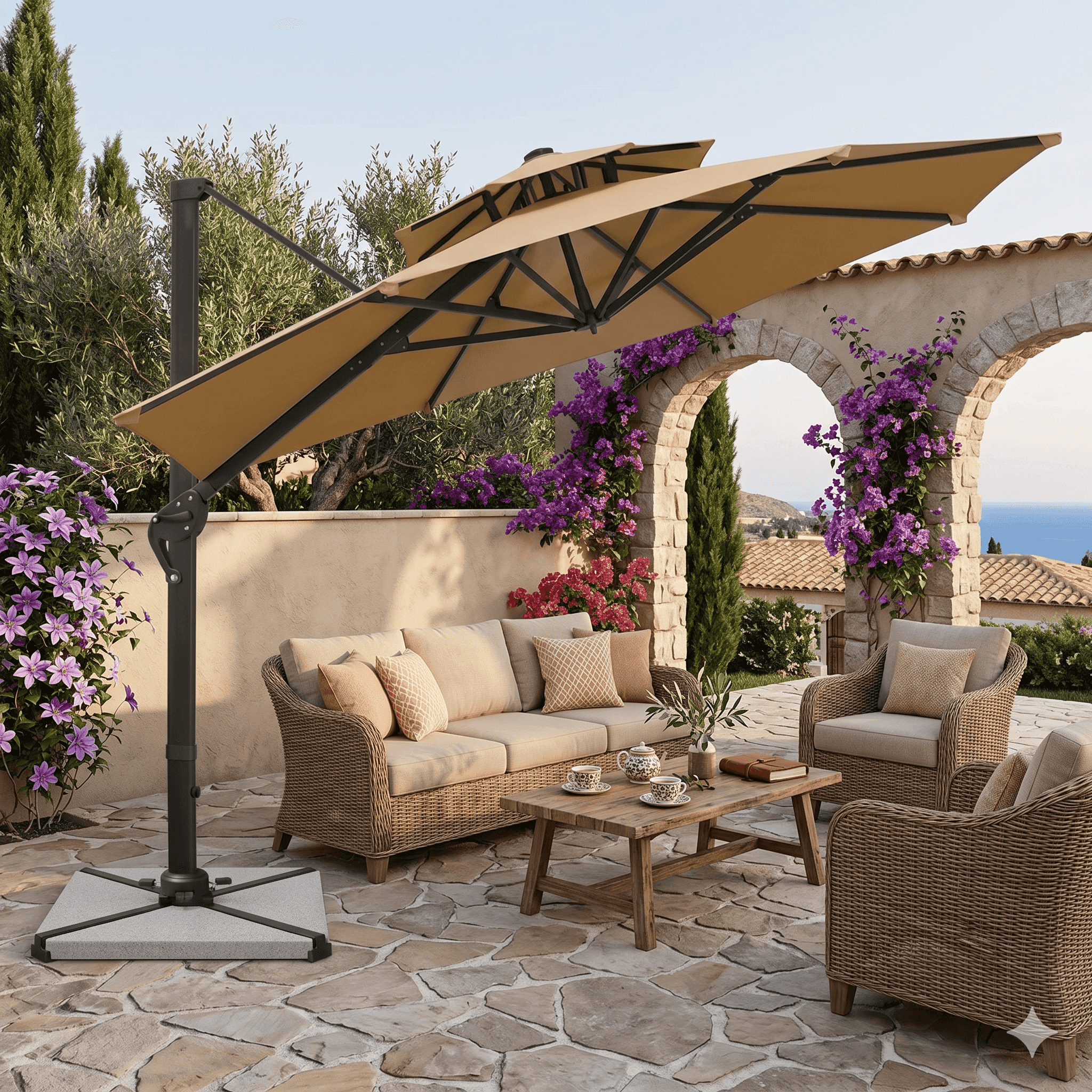 Premium Cantilever Patio Umbrella – Beige / Round / 3.5m x 3.5m With LED Lights - The Outdoor Furniture Market 