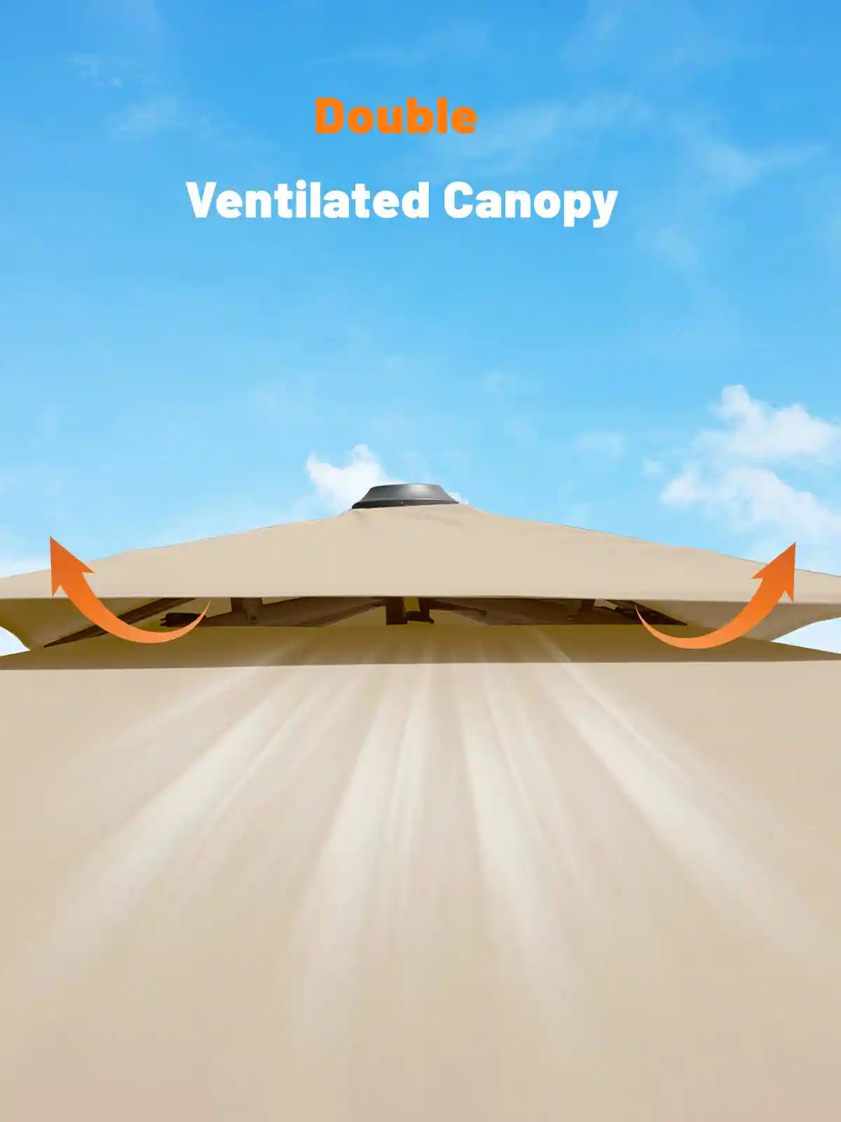 Double ventilated canopy with arrows indicating airflow against a blue sky background