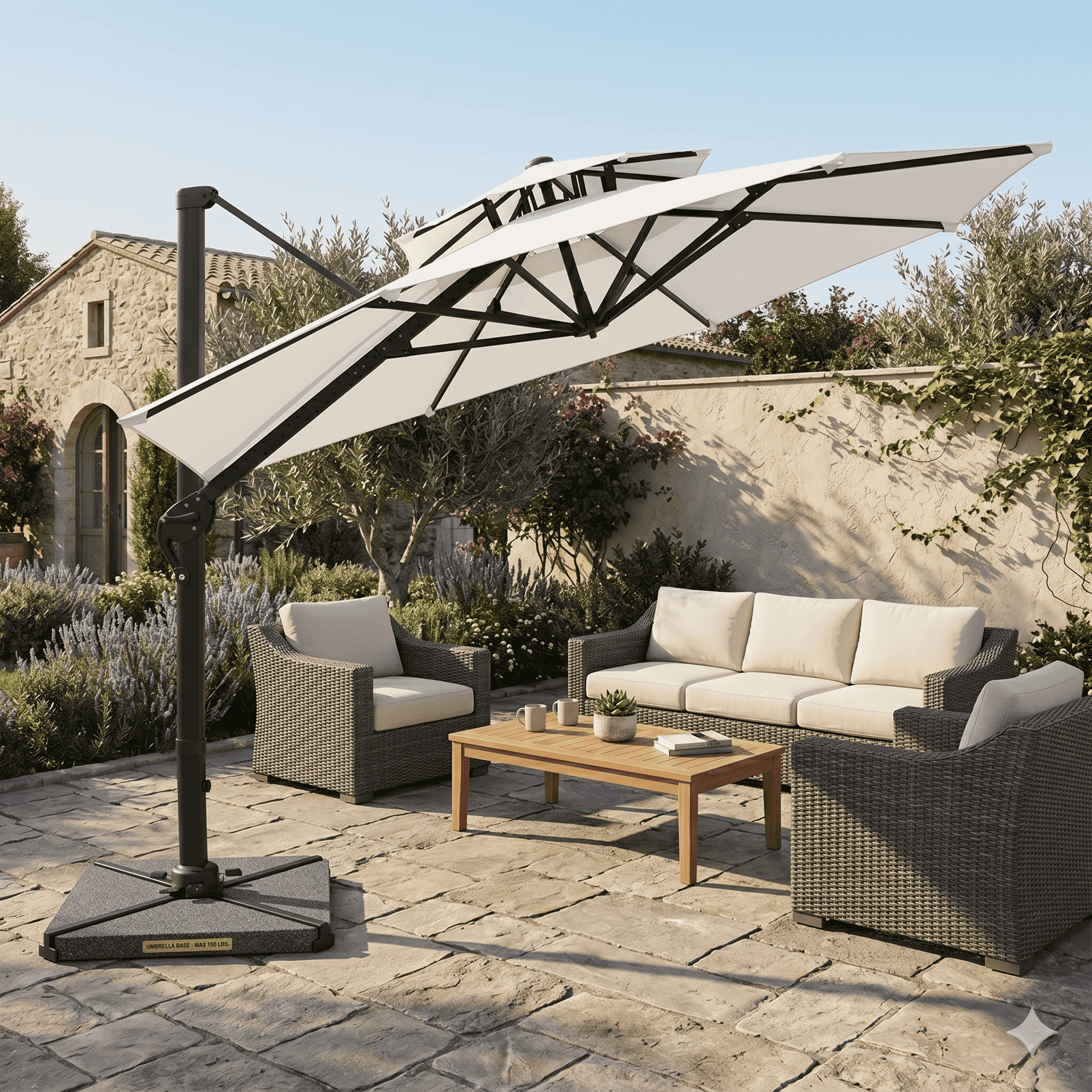Premium Cantilever Patio Umbrella – White / Round / 3.5m x 3.5m With LED Lights - The Outdoor Furniture Market 
