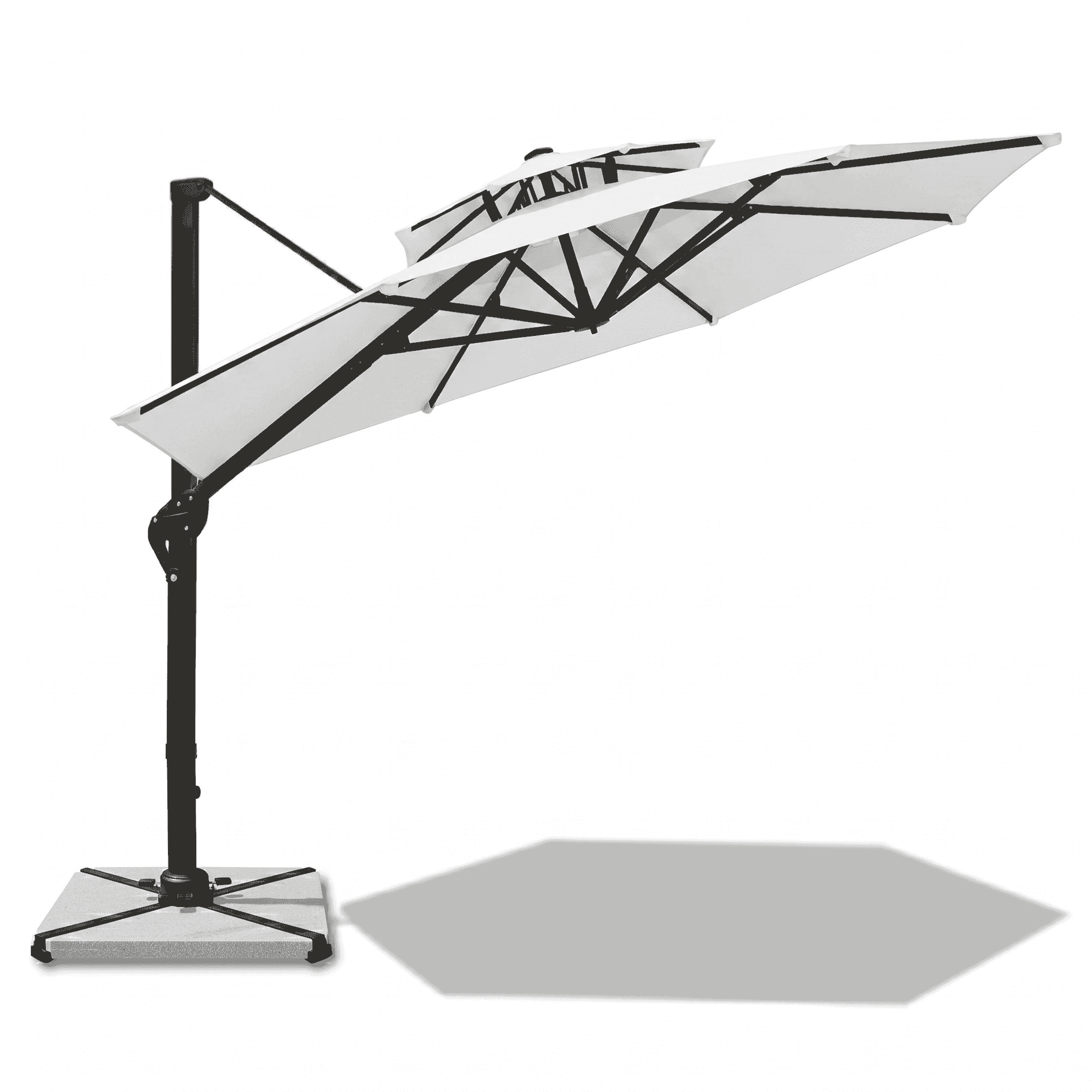 Square and round outdoor patio umbrella by The Outdoor Furniture Market, 3m to 4m, in white and beige fabric with a cantilever design.