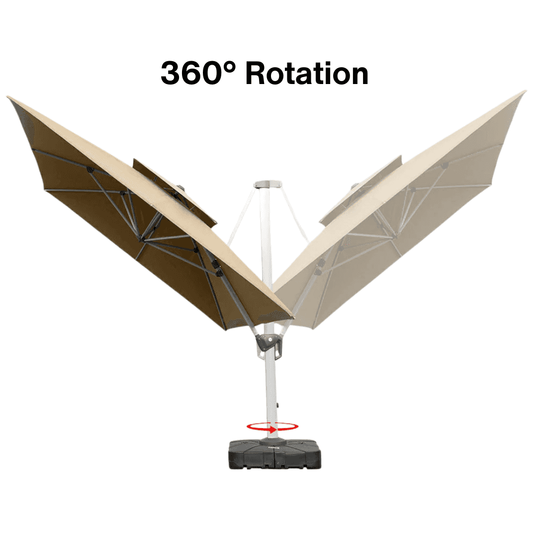 White and beige outdoor cantilever patio umbrella by The Outdoor Furniture Market, square and round styles, 3m to 4m size