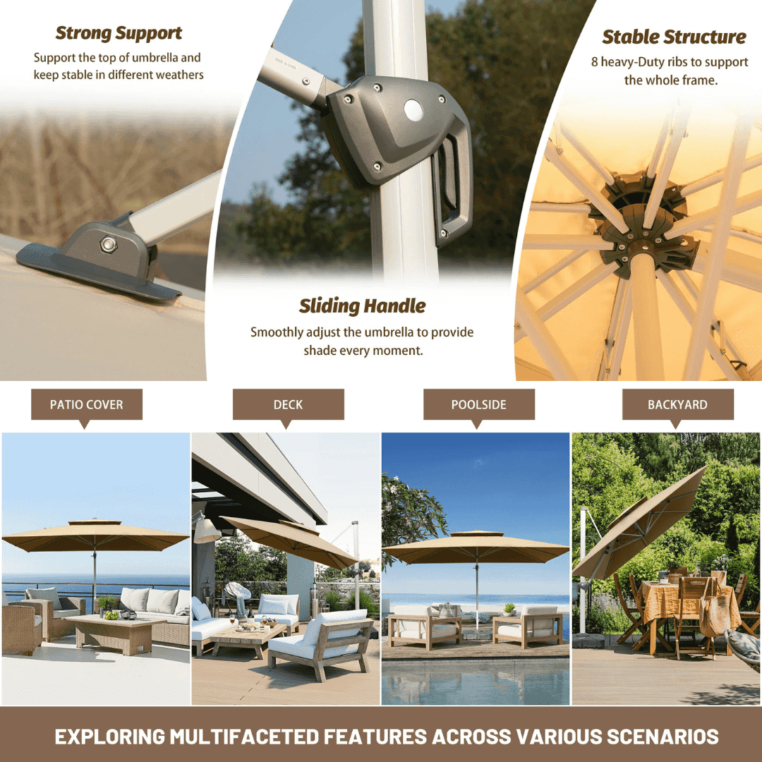 White and beige outdoor umbrella from The Outdoor Furniture Market, square and round cantilever patio umbrella, 3m to 4m size