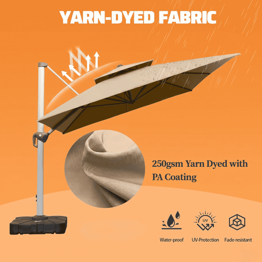 White and beige premium cantilever outdoor umbrella by The Outdoor Furniture Market, square and round 3m patio umbrella.