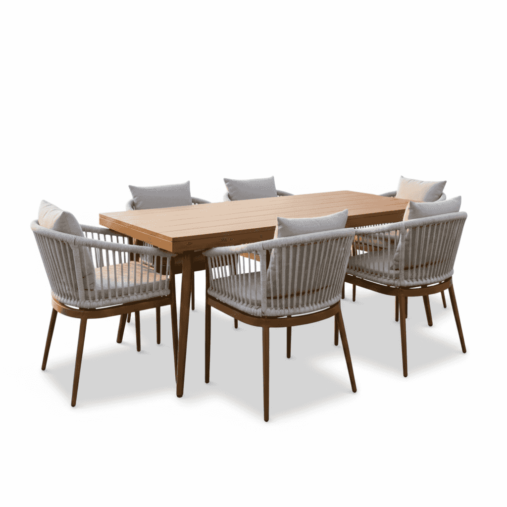 Outdoor dining set by The Outdoor Furniture Market with six chairs and a table, perfect for outdoor gatherings and meals.