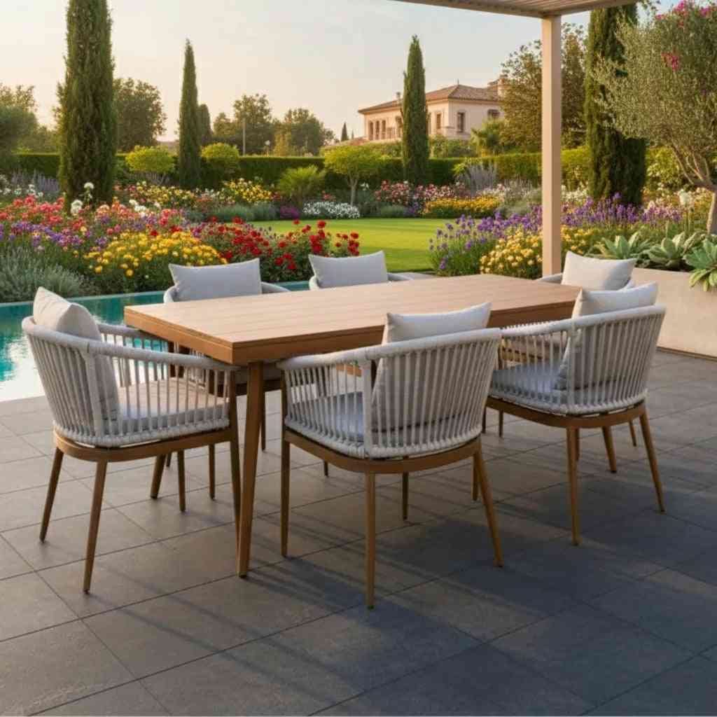 Outdoor dining set by The Outdoor Furniture Market featuring a 6-seater table with elegant chairs for outdoor dining.