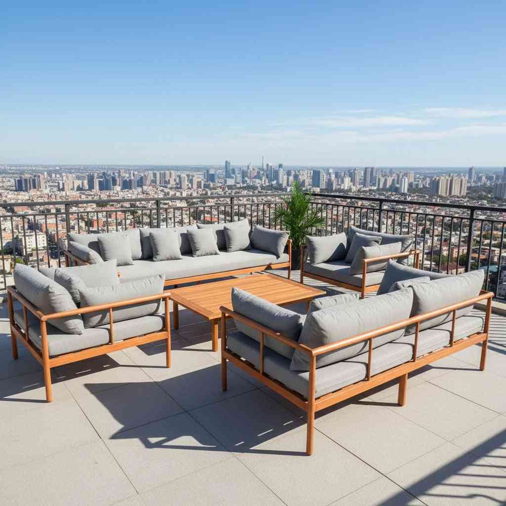 Premium outdoor lounge set by The Outdoor Furniture Market featuring a 7-seater aluminum patio sofa set with cushions and modern design.