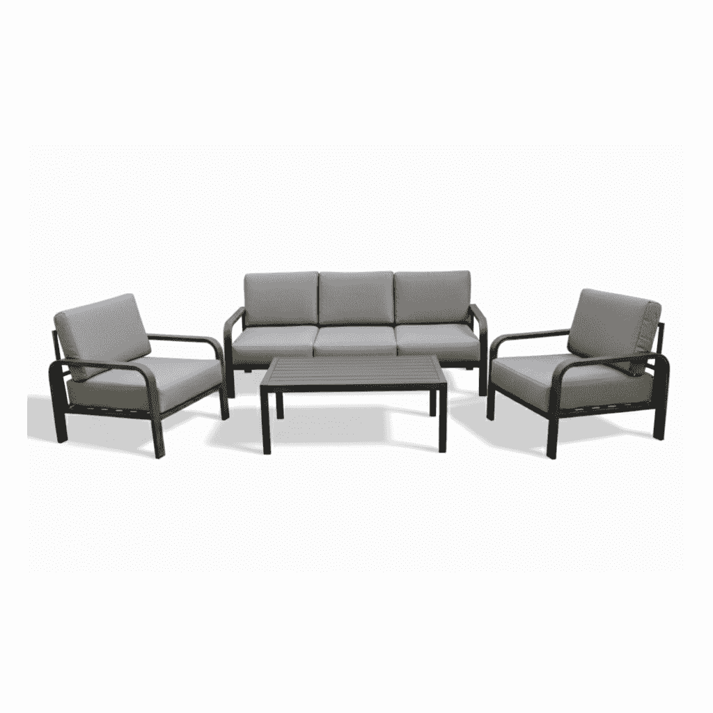 Modern outdoor aluminum sofa set with armchairs from The Outdoor Furniture Market, featuring stylish cushions and contemporary design.