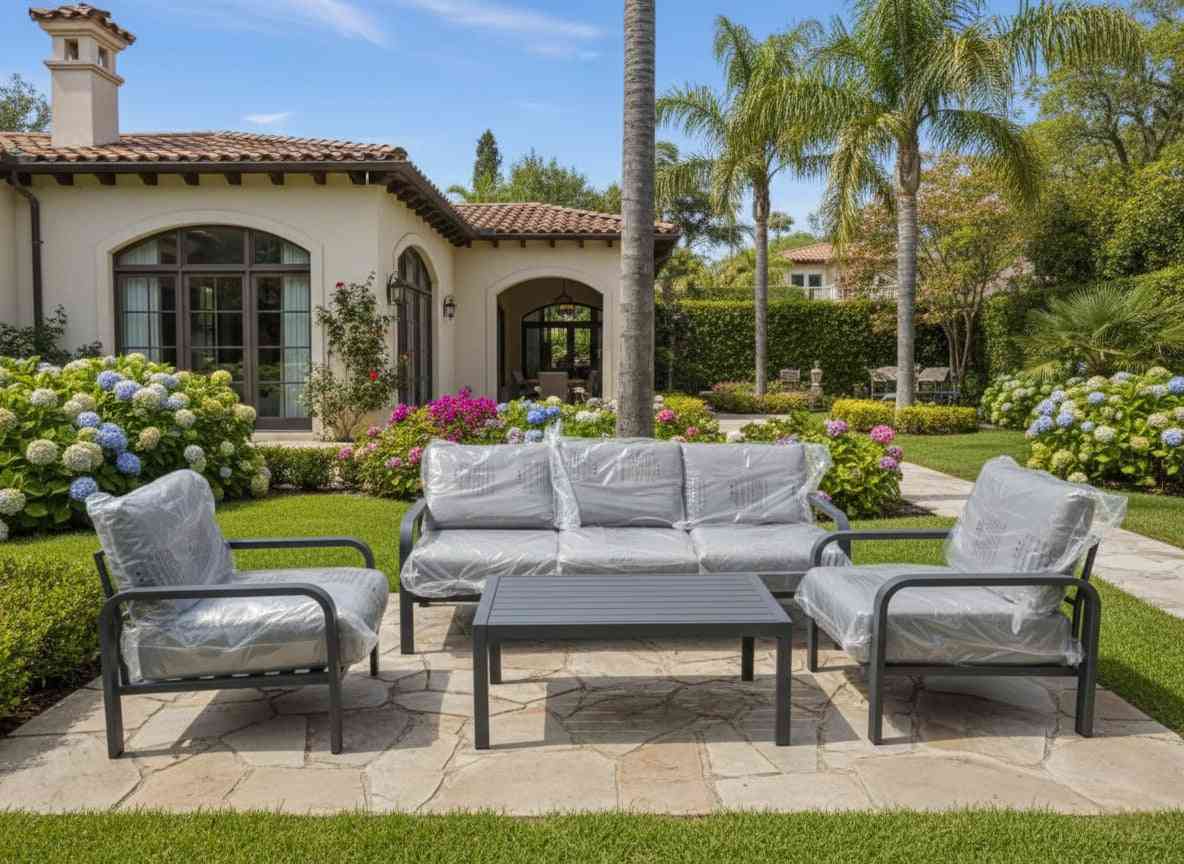 Modern outdoor sofa set with aluminum frame, including a sofa and armchairs from The Outdoor Furniture Market.