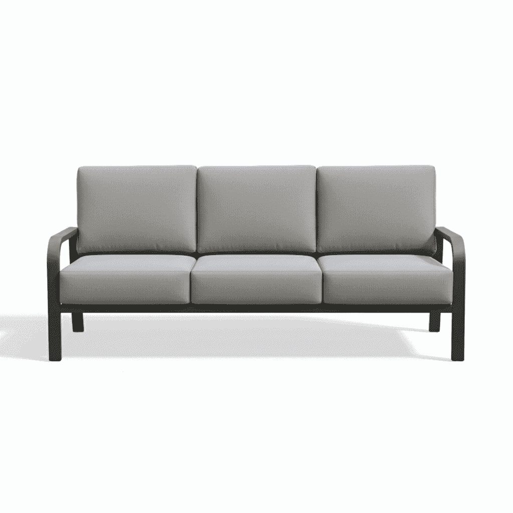 Modern outdoor aluminum sofa and armchair set by The Outdoor Furniture Market, featuring sleek cushions and stylish design.