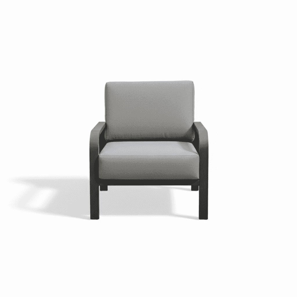 Modern outdoor sofa set with aluminum frame, including a sofa and armchairs from The Outdoor Furniture Market.