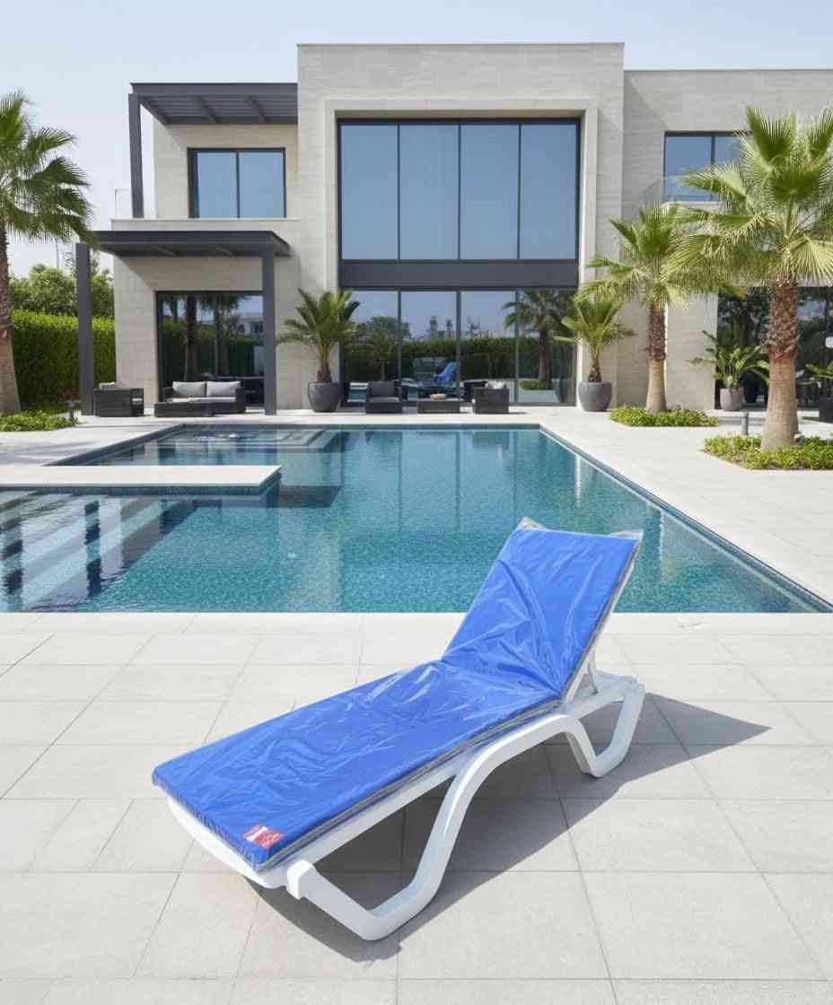 Outdoor sunbed from The Outdoor Furniture Market with adjustable backrest, waterproof and UV-resistant for outdoor relaxation.
