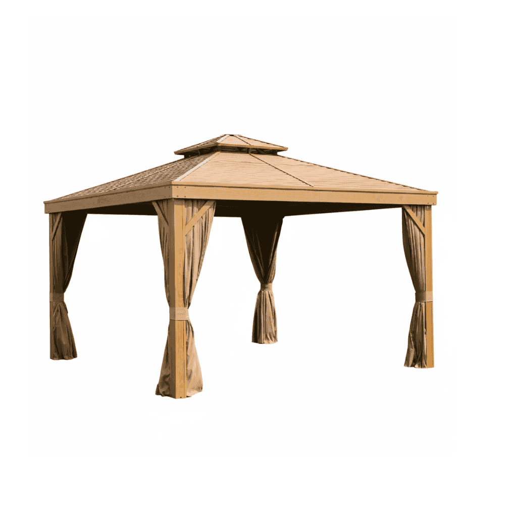 Premium wood-look aluminum outdoor gazebo from The Outdoor Furniture Market, featuring a sturdy frame and elegant design.