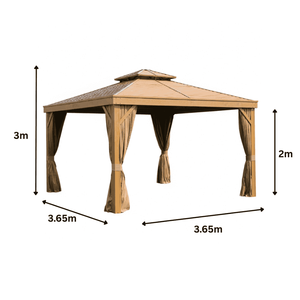 Wood-look aluminum outdoor gazebo by The Outdoor Furniture Market, showcasing a stylish, durable pergola with a spacious design.