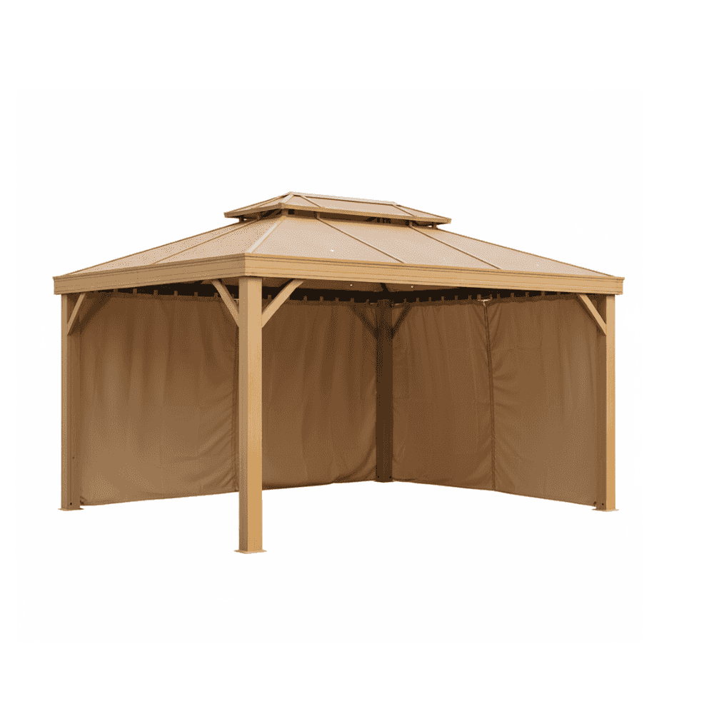 Premium wood-look aluminum outdoor gazebo from The Outdoor Furniture Market, featuring a sturdy frame and stylish design.