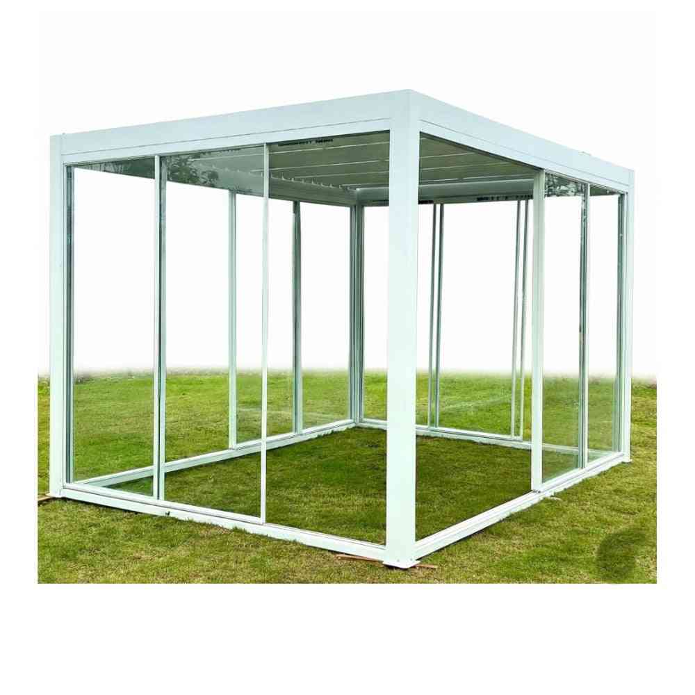 Glass pergola with sliding doors, 3x3m, by The Outdoor Furniture Market, featuring a sleek, modern outdoor gazebo design.