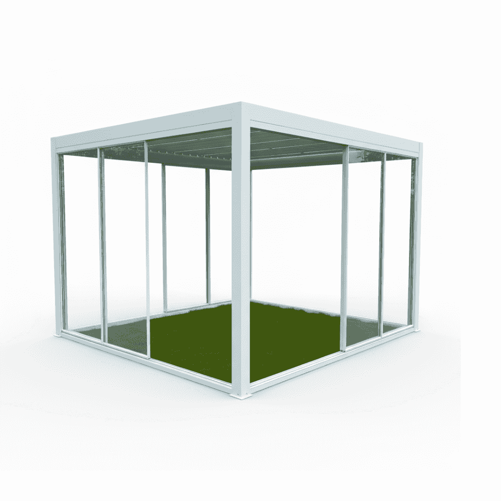Clear glass pergola with sliding doors, 3x3m outdoor gazebo and pergola by The Outdoor Furniture Market, showcasing a modern outdoor structure.