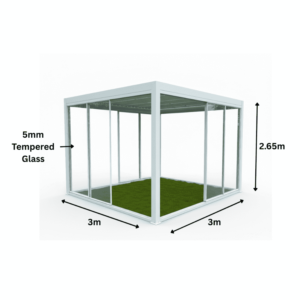 Pure glass pergola with sliding doors from The Outdoor Furniture Market, featuring a sleek 3x3m outdoor gazebo with modern design.