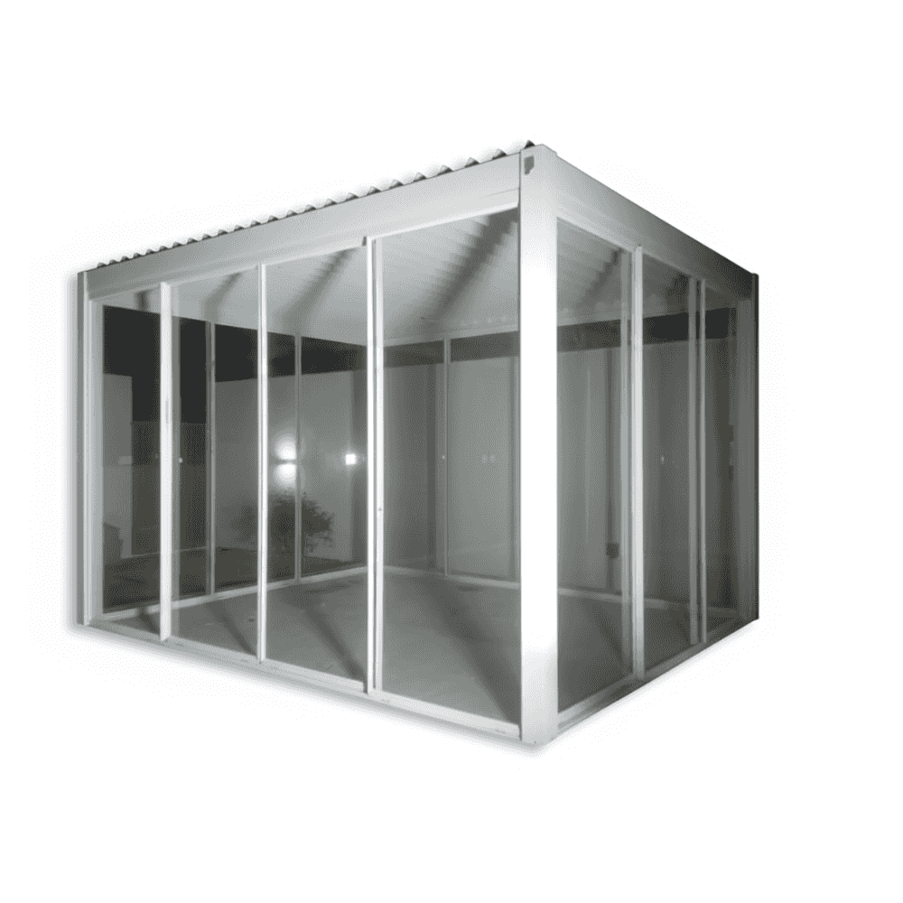 Clear glass pergola with sliding doors by The Outdoor Furniture Market, measuring 3x4 meters, perfect for outdoor shade and style.