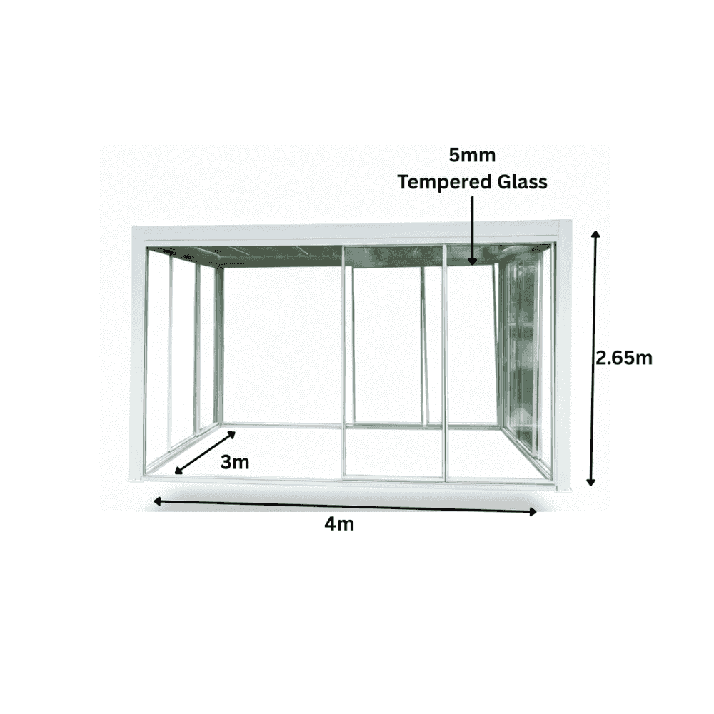 Glass pergola with sliding doors, 3x4m, outdoor gazebo by The Outdoor Furniture Market, showcasing sleek glass panels and modern design.