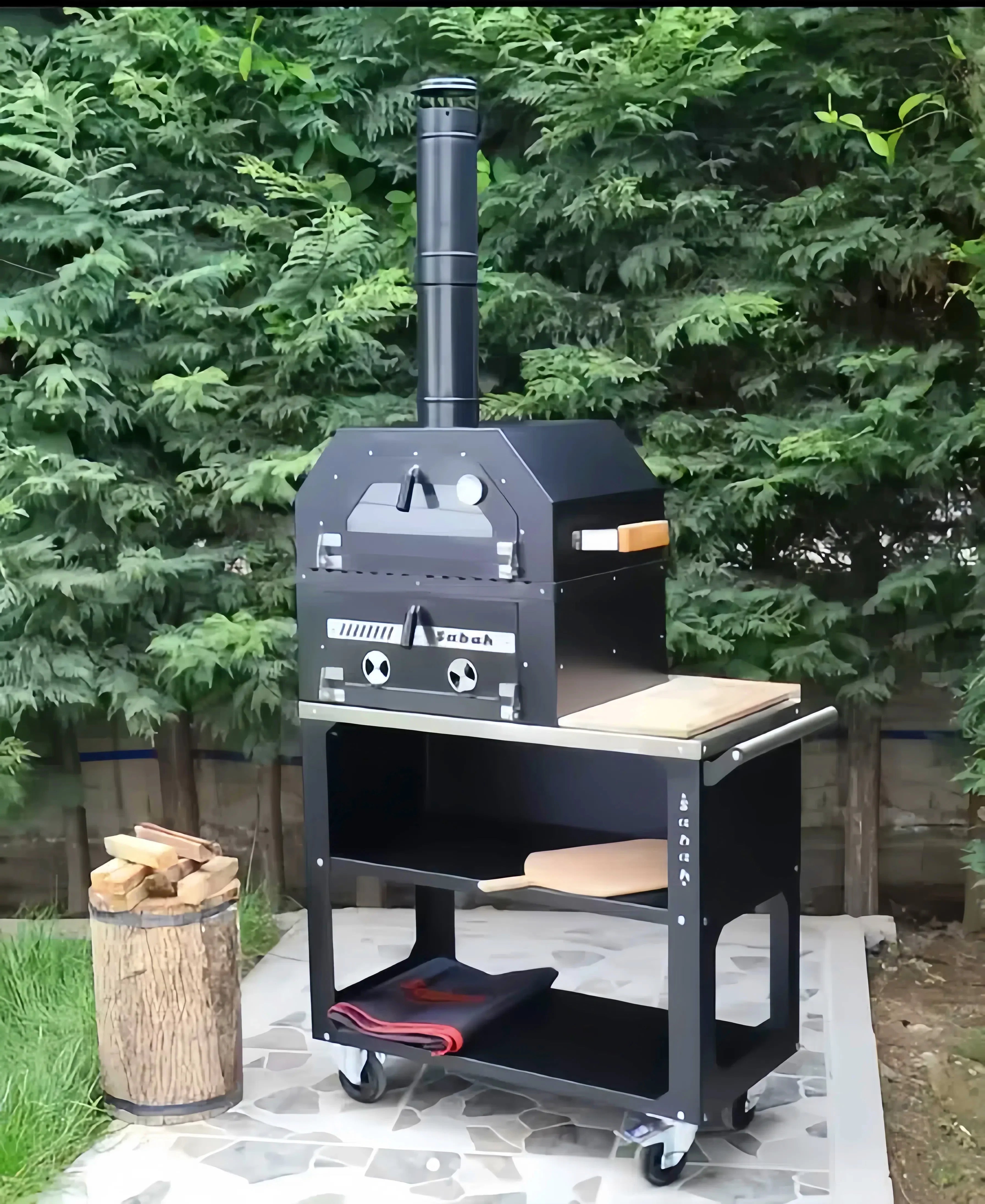 Casa Fiora kitchen pizza oven charcoal BBQ grill with two storage levels, showcasing its sleek design and functional features.