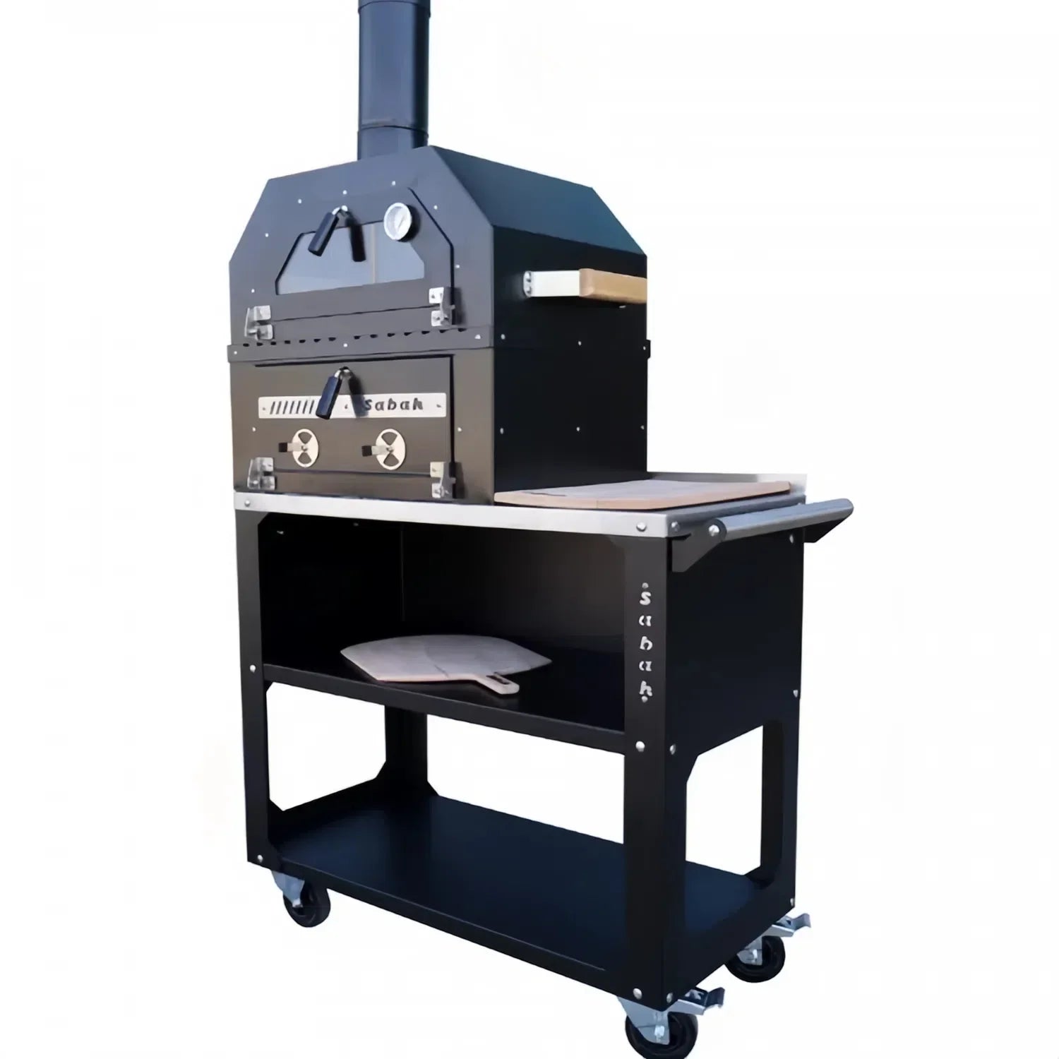 Casa Fiora charcoal pizza oven BBQ grill with two storage levels in a backyard setting.