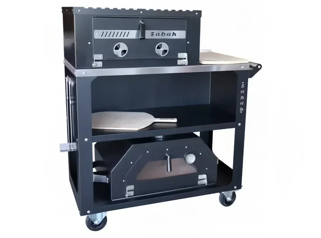 Casa Fiora kitchen pizza oven charcoal BBQ grill with two storage levels and a sleek design for outdoor cooking.
