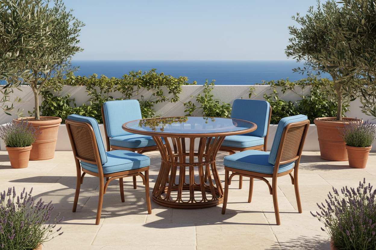 walnut brown rattan dining set with glass table and sky blue cushions on patio