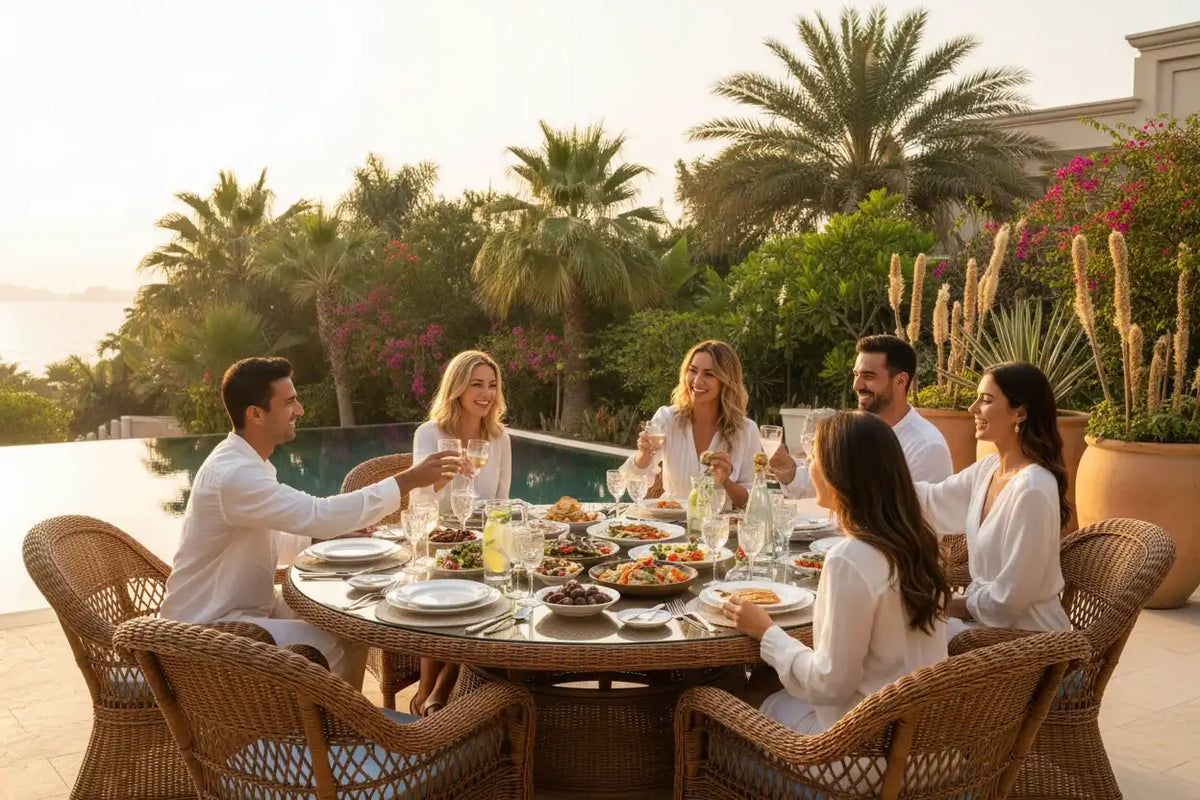 Family enjoying outdoor meal at rattan dining set at golden hour