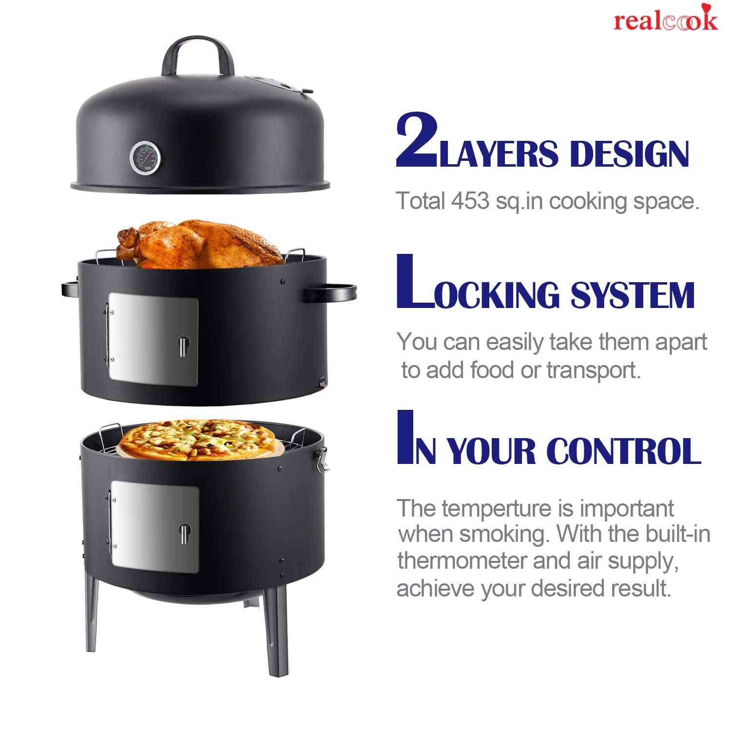 Realcook vertical charcoal smoker with multiple layers, large 636 sq.in grilling surface, outdoor BBQ grill for smoking and grilling.