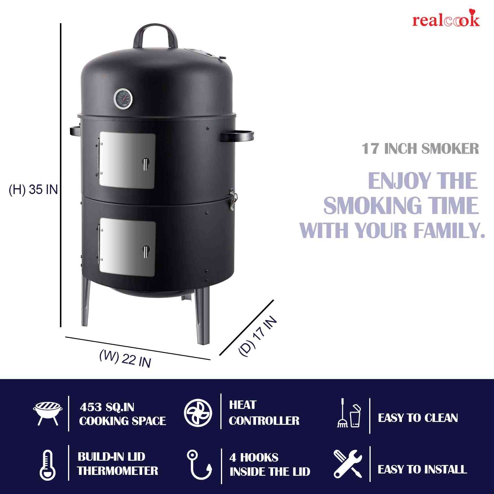 Realcook vertical charcoal smoker with multiple grilling layers, featuring a spacious 636 sq.in cooking surface for outdoor BBQ.