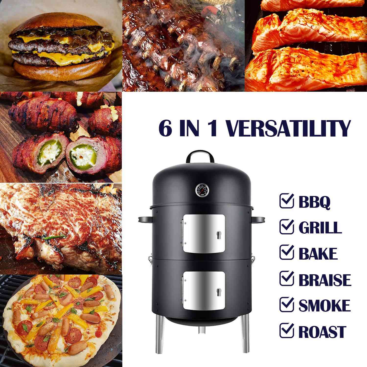 Realcook vertical charcoal smoker with multi-layer design and 636 sq.in cooking area for outdoor grilling and smoking.