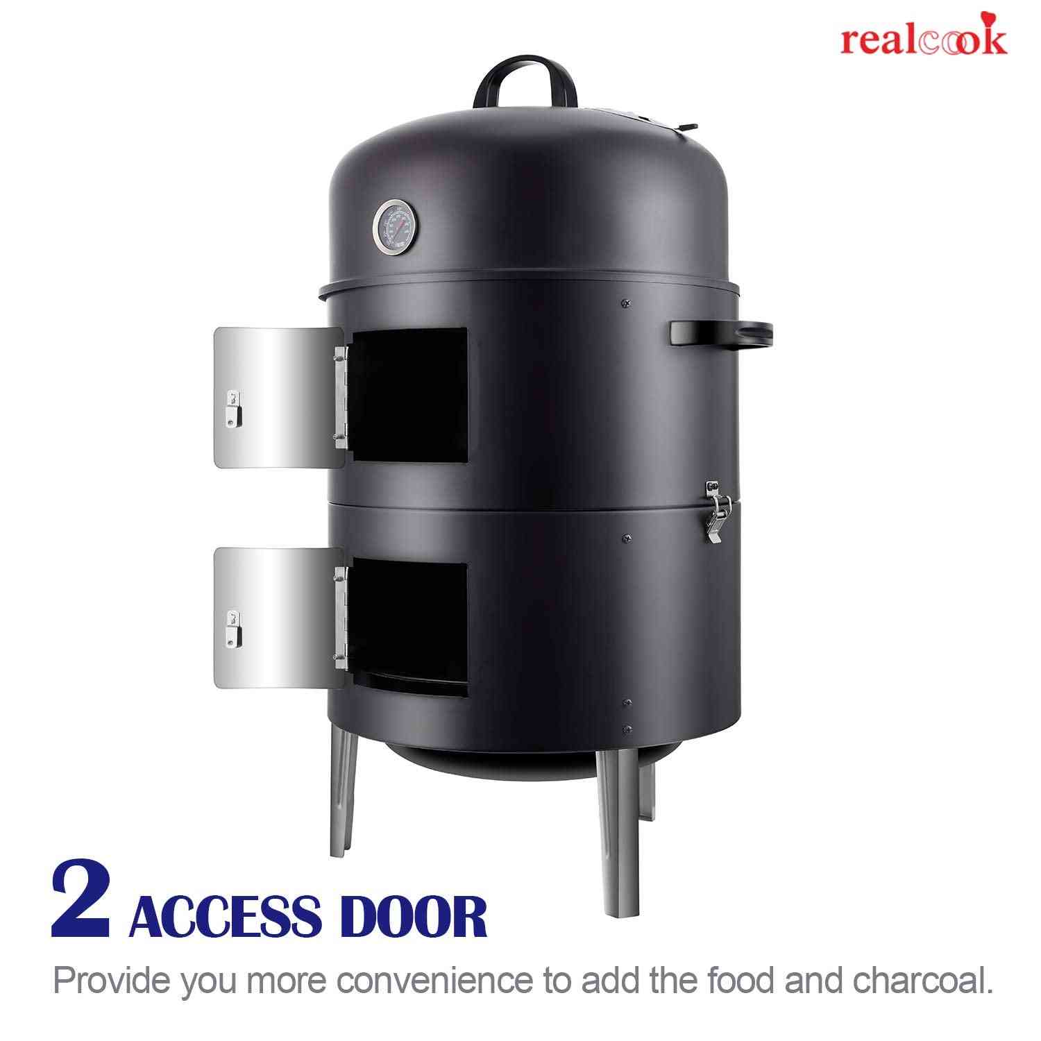 Realcook vertical charcoal smoker with multi-layer design and 636 sq.in cooking area for outdoor grilling and smoking.