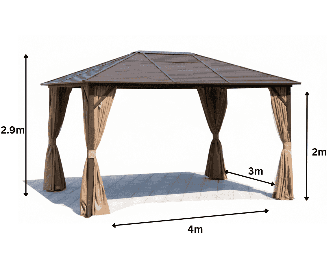 Rectangular aluminum gazebo with roof, measuring 3x4 meters, from The Outdoor Furniture Market, ideal for outdoor shade and relaxation.
