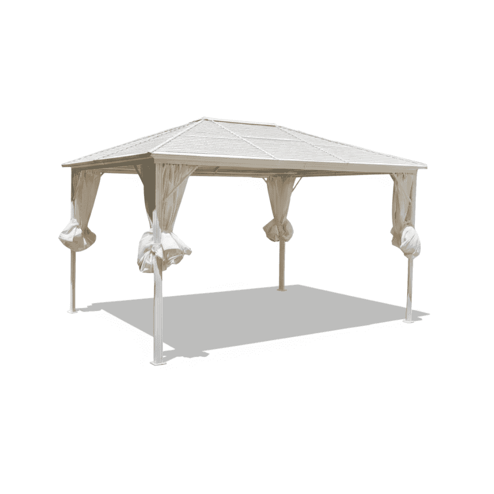 White rectangular aluminum gazebo with 3x4m roof, featuring a modern roof design for outdoor shade and shelter.