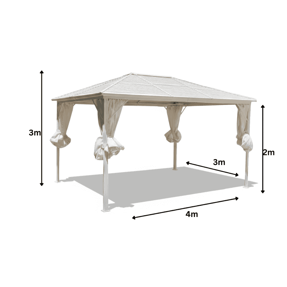 White rectangular aluminum gazebo with roof shape, 3x4m size, ideal for outdoor outdoor spaces and furniture setups.