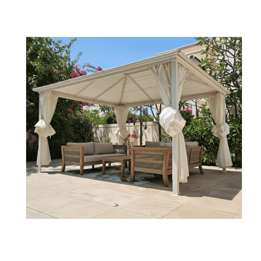 White rectangular aluminum gazebo with roof shape, 3x4m size, ideal for outdoor patio or garden seating areas.