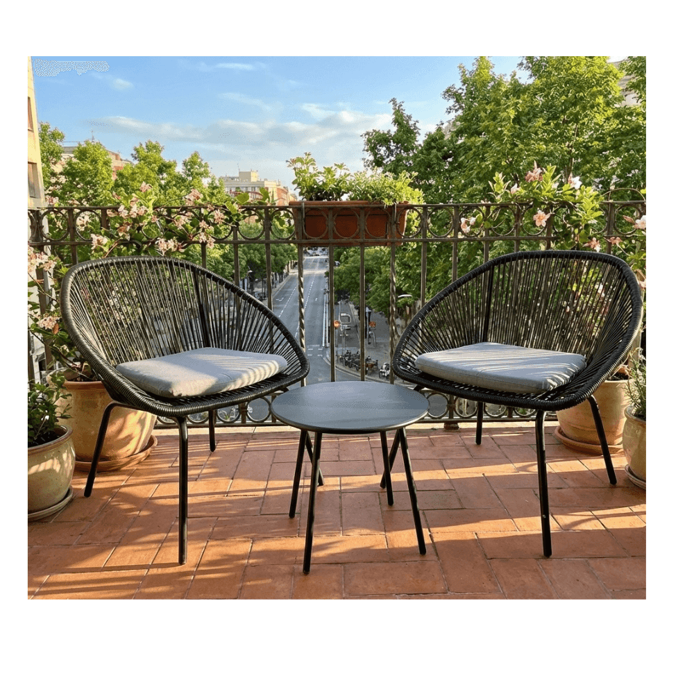 rope balcony chair and table set in outdoor setting, showcasing woven design and stylish comfort.