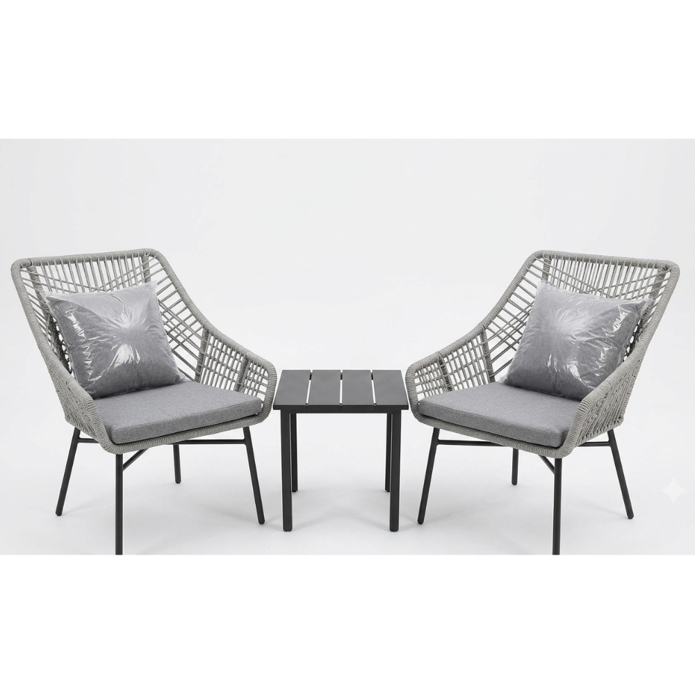 Grey woven outdoor lounge chairs with cushions and a small side table at The Outdoor Furniture Market