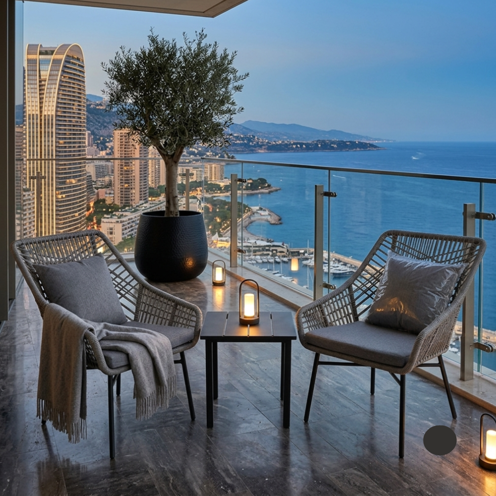 Modern wicker outdoor chairs and side table on a balcony overlooking the sea at The Outdoor Furniture Market