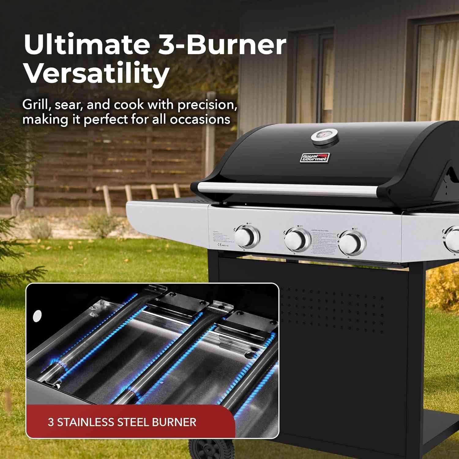 Royal Gourmet 3-burner gas outdoor grill with side burner and cast iron grates, perfect for outdoor cooking and barbecues