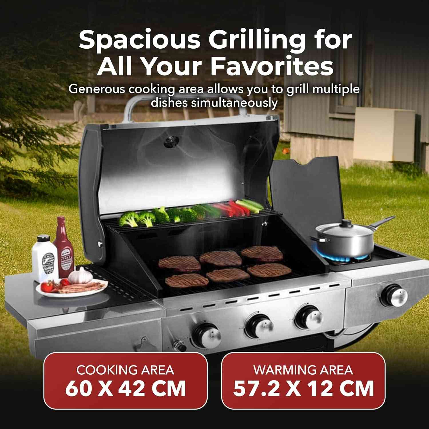 Royal Gourmet 3-burner gas outdoor grill with side burner and cast iron grates, ideal for backyard barbecues and outdoor cooking.