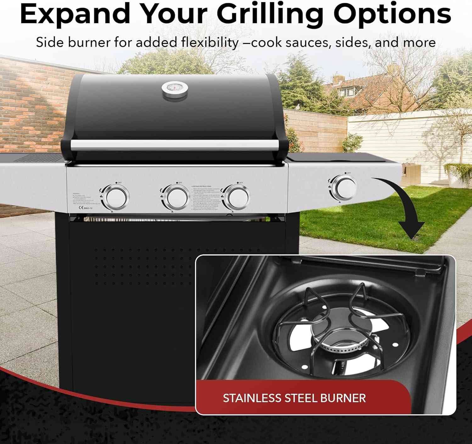 Royal Gourmet 3-burner gas outdoor grill with side burner and cast iron grates, perfect for outdoor cooking and barbecues