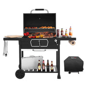 Royal Gourmet outdoor charcoal grill with adjustable pan and collapsible tables, showcasing a spacious cooking surface and sturdy design.