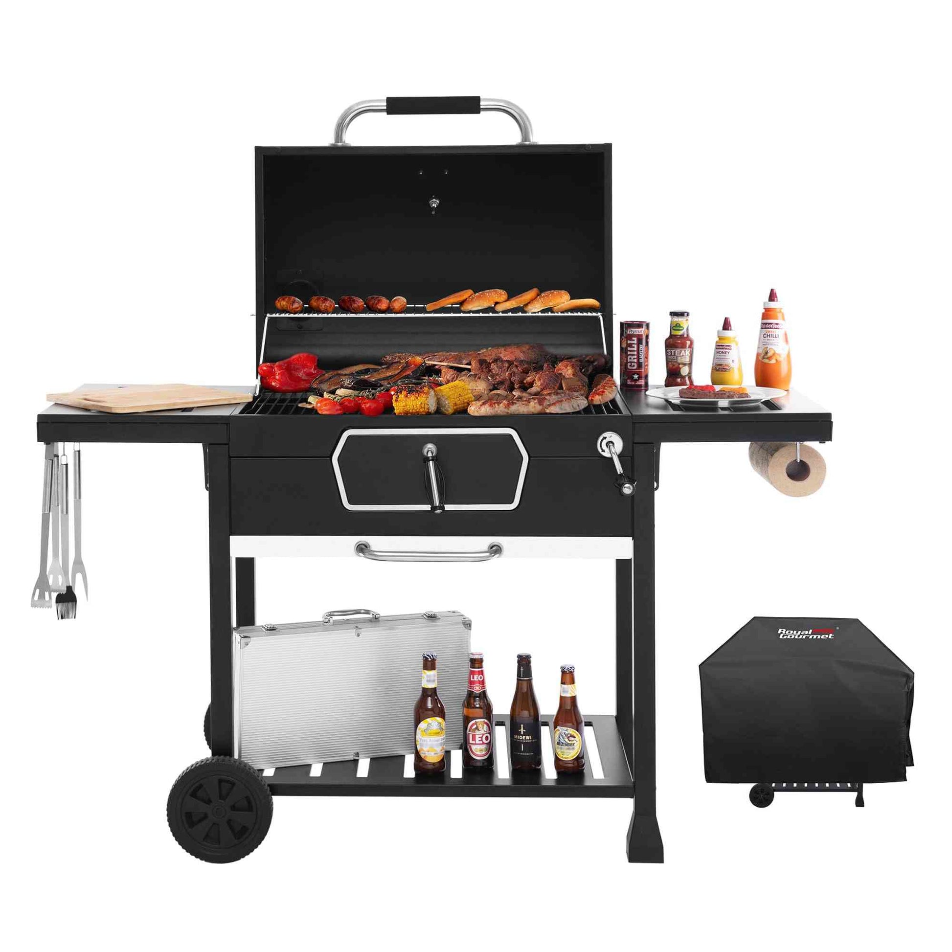 Royal Gourmet outdoor charcoal grill with adjustable pan and collapsible tables, showcasing a spacious cooking surface and sturdy design.
