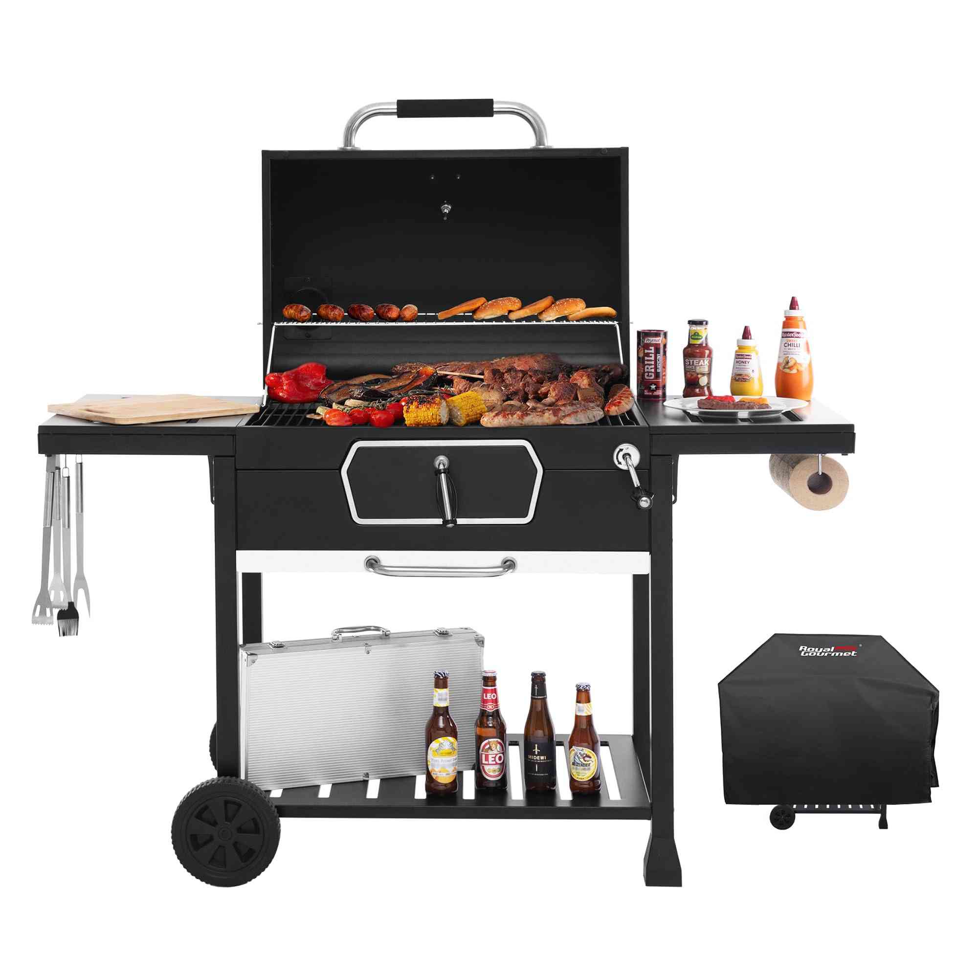 Royal Gourmet outdoor charcoal grill with adjustable pan and collapsible tables, showcasing a spacious cooking surface and sturdy design.