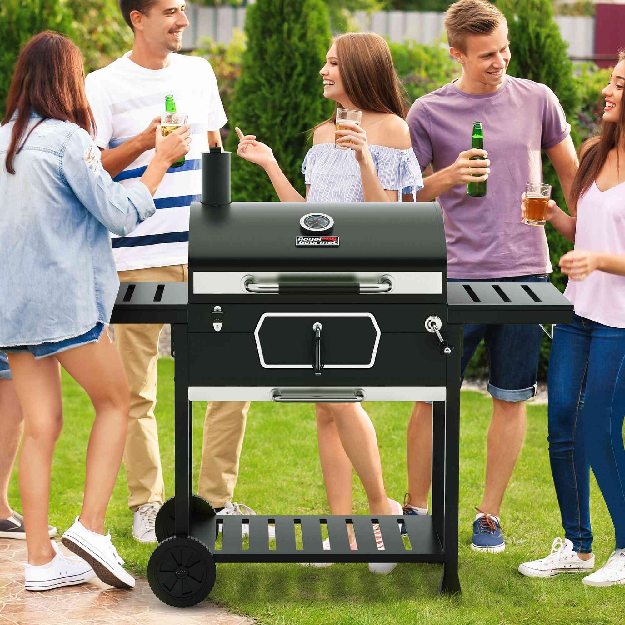 Royal Gourmet outdoor charcoal grill with adjustable pan, collapsible tables, 719 sq.in cooking surface, ideal for barbecues