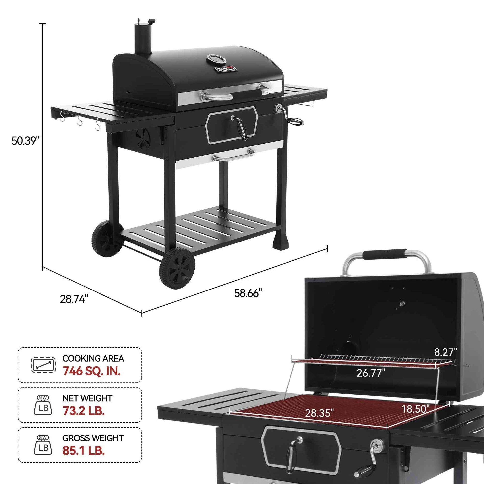Royal Gourmet outdoor charcoal grill with adjustable pan and collapsible tables, featuring a 719 sq.in cooking surface and sturdy design.