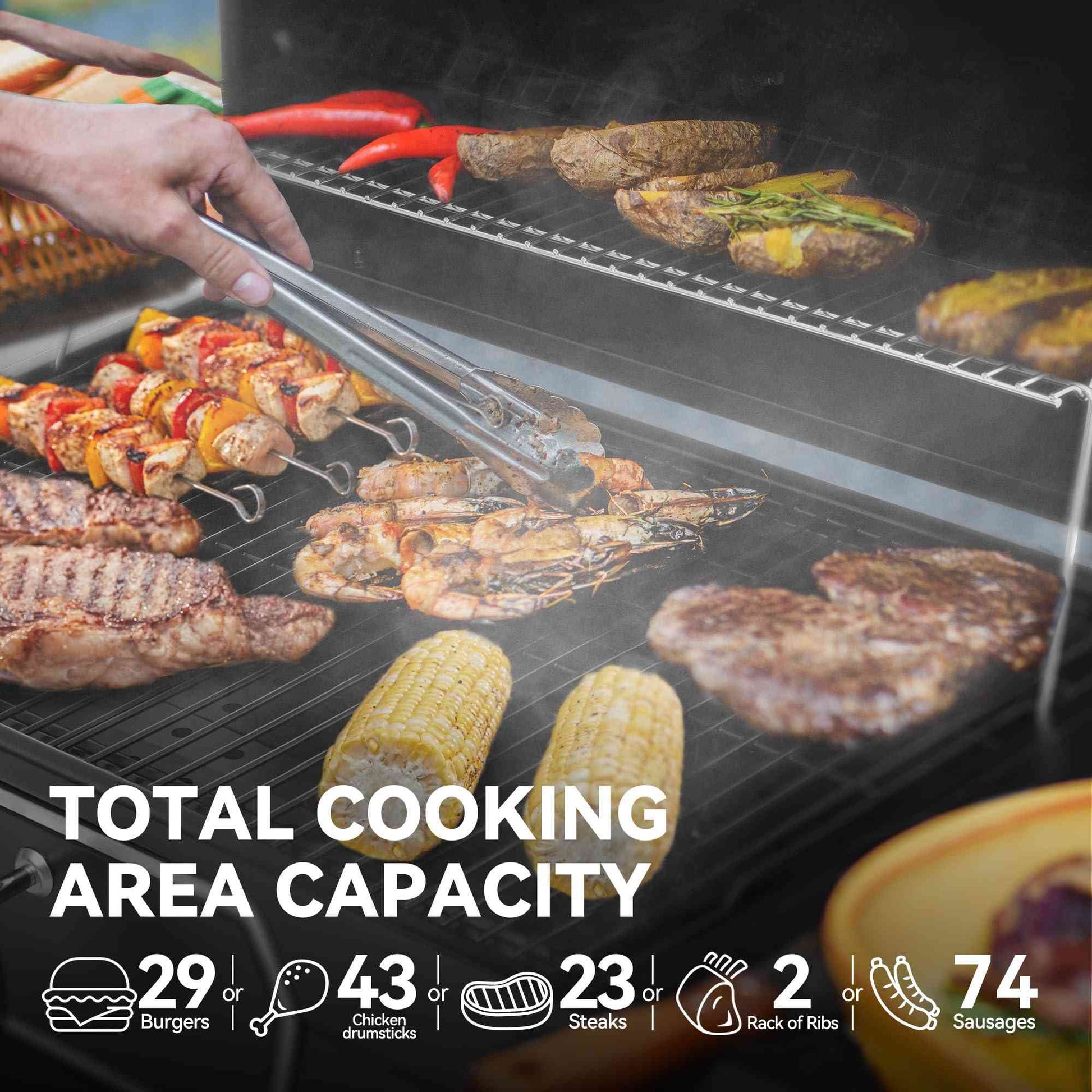 Royal Gourmet charcoal outdoor grill with adjustable pan and collapsible tables, showing the spacious grilling area and sturdy design.